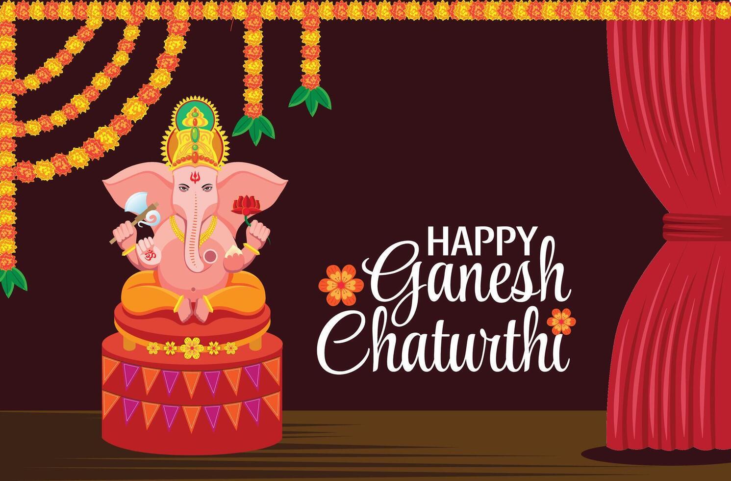 Ganesh Chaturthi with Lord Ganesha Idol on Stage Decorated with Marigold Garlands vector