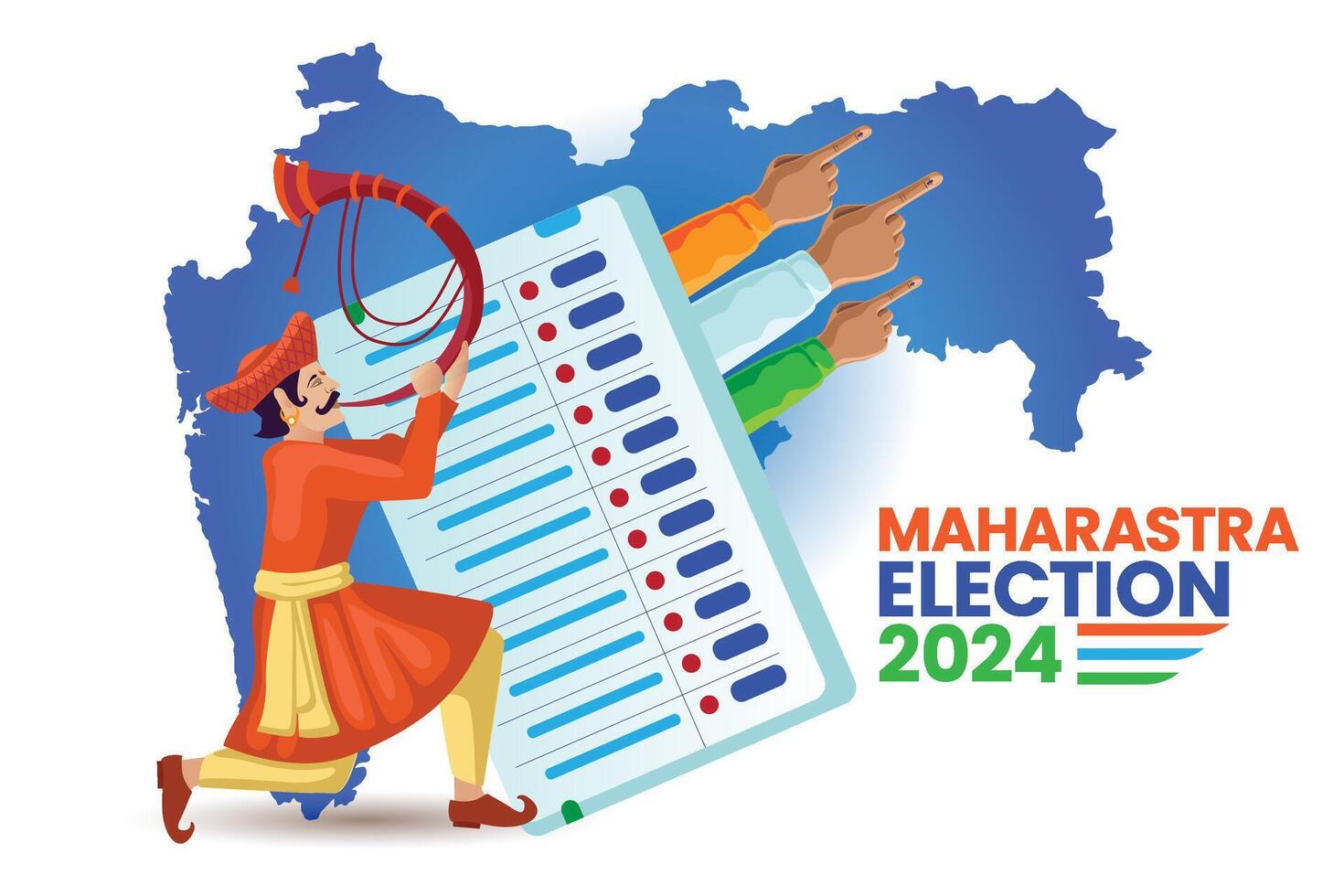 Maharashtra Election 2024 Illustration with Voting and Traditional tutari man vector