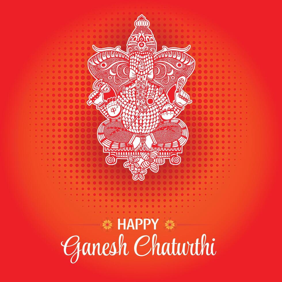 Ganesh Chaturthi Greeting with Intricate Traditional Ganesha Artwork on Red Background vector