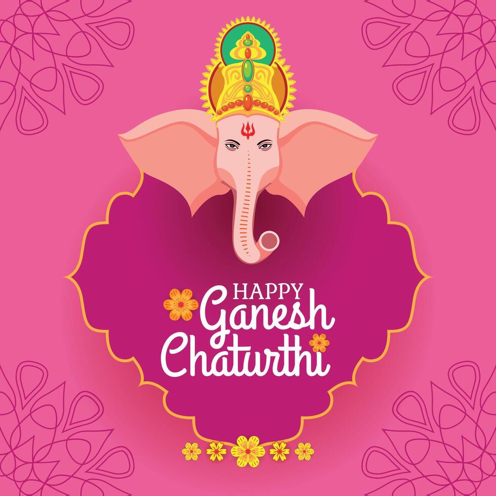 Artistic Ganesh Chaturthi Greeting with Ganesha on Ornate Pink Background vector