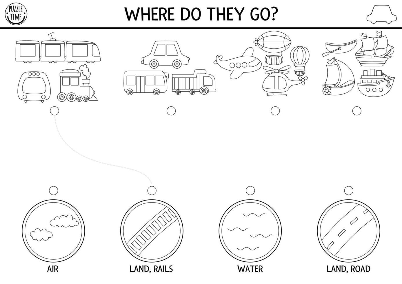Transportation black and white matching activity with cute plane, ship, train, places they go. Air, water, land, railway transport puzzle. Match objects game. Match up coloring page with vehicle vector