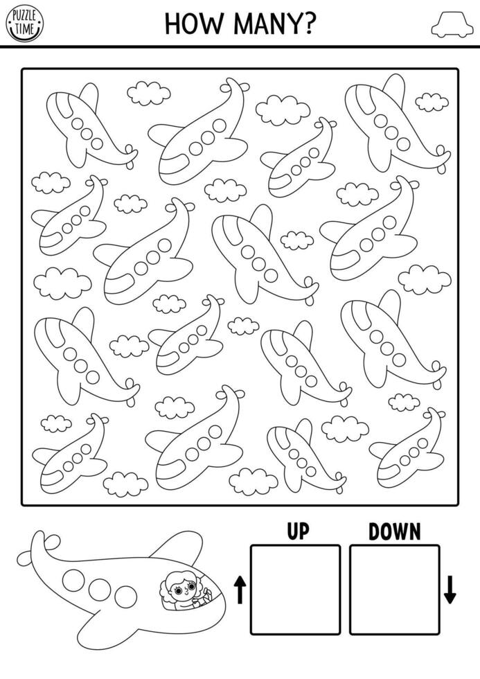 Transportation logic black and white game with up and down concept for kids. I spy searching, counting line activity with plane. Transport printable space orientation worksheet or coloring page vector