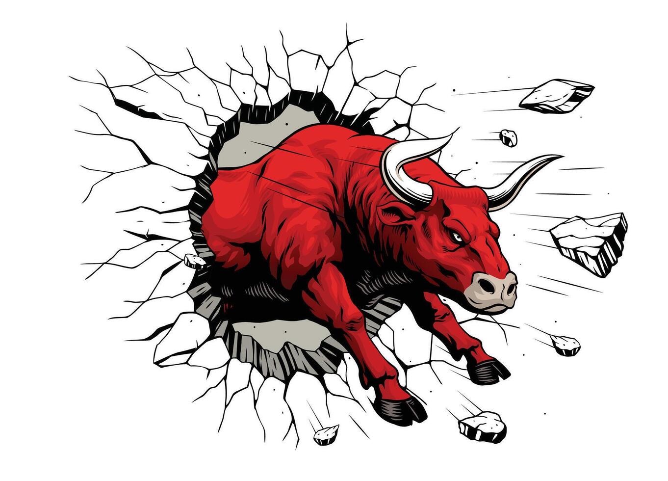 Furious Bull Smashing Through A Wall Hand Drawn Illustration vector