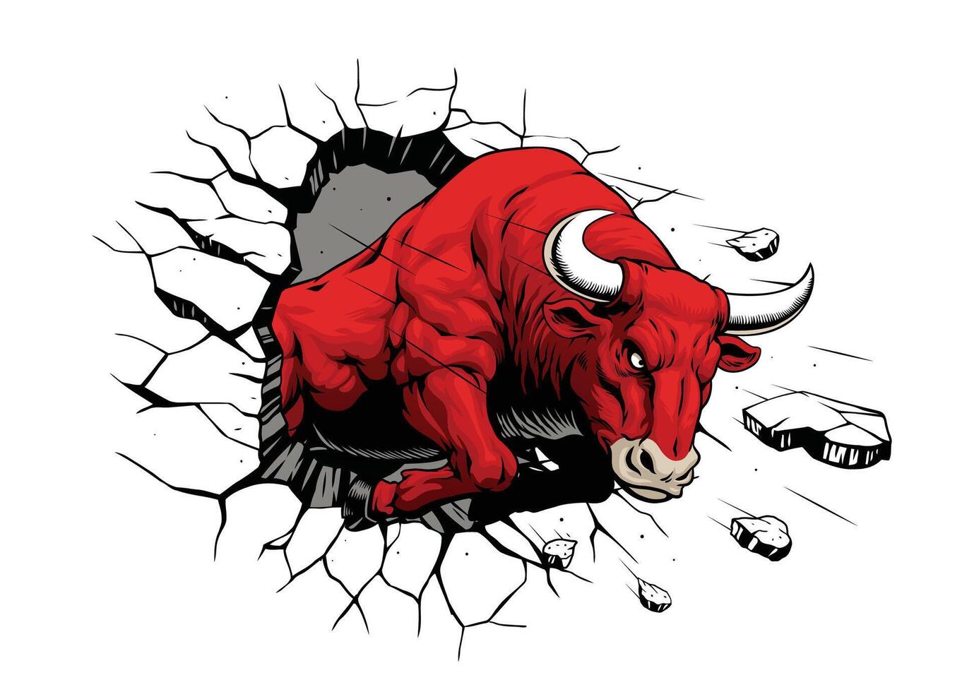 Hand Drawn Illustration of Bull Smashing Through A Wall vector