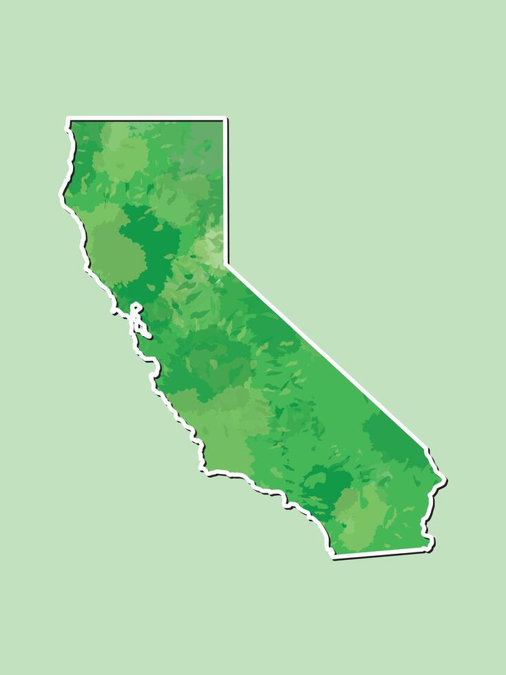 California watercolor map illustration of green color with border line on light background using paint brush in page vector