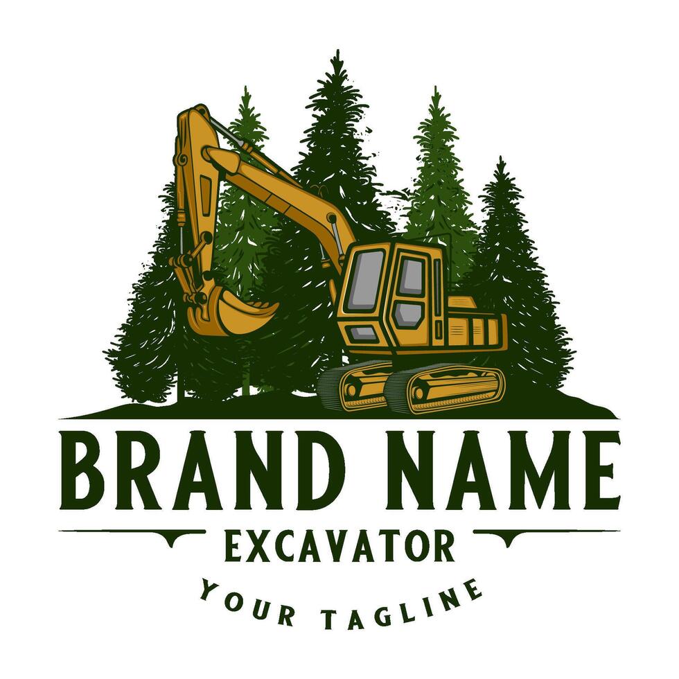 excavator logo. pine tree and excavators for construction, land clearing and construction companies. vector