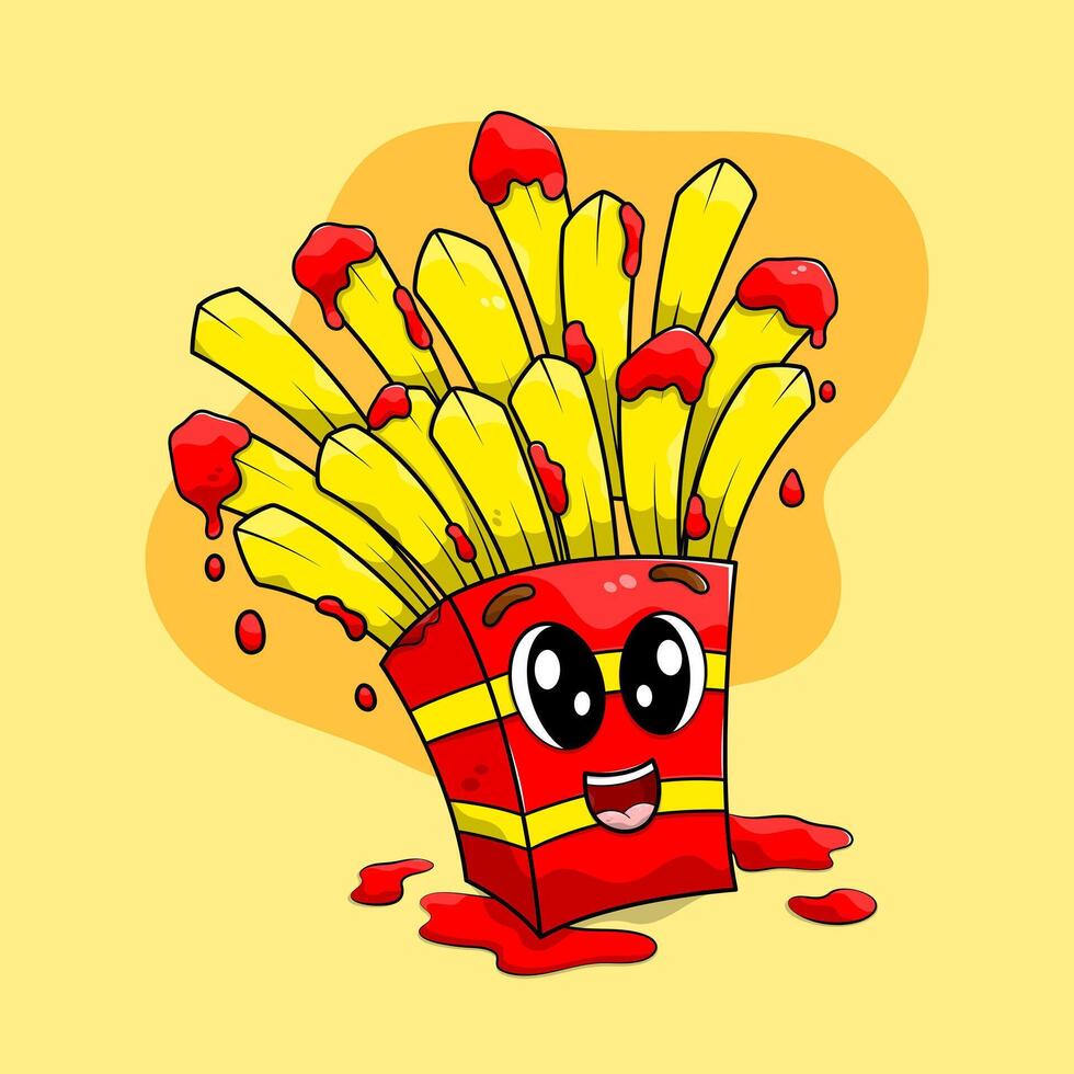 Cute cartoon french fries with ketchup. Happy potato fries expression. vector