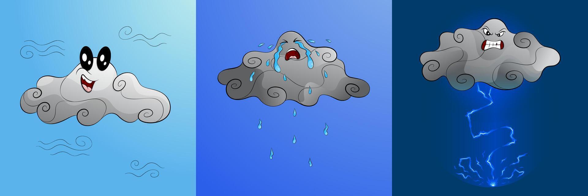Cute cartoon cloud expressions in blue sky backgrounds. Happy white cloud with wind, crying grey rainy cloud with tears, angry dark cloud with a lightning storm. vector