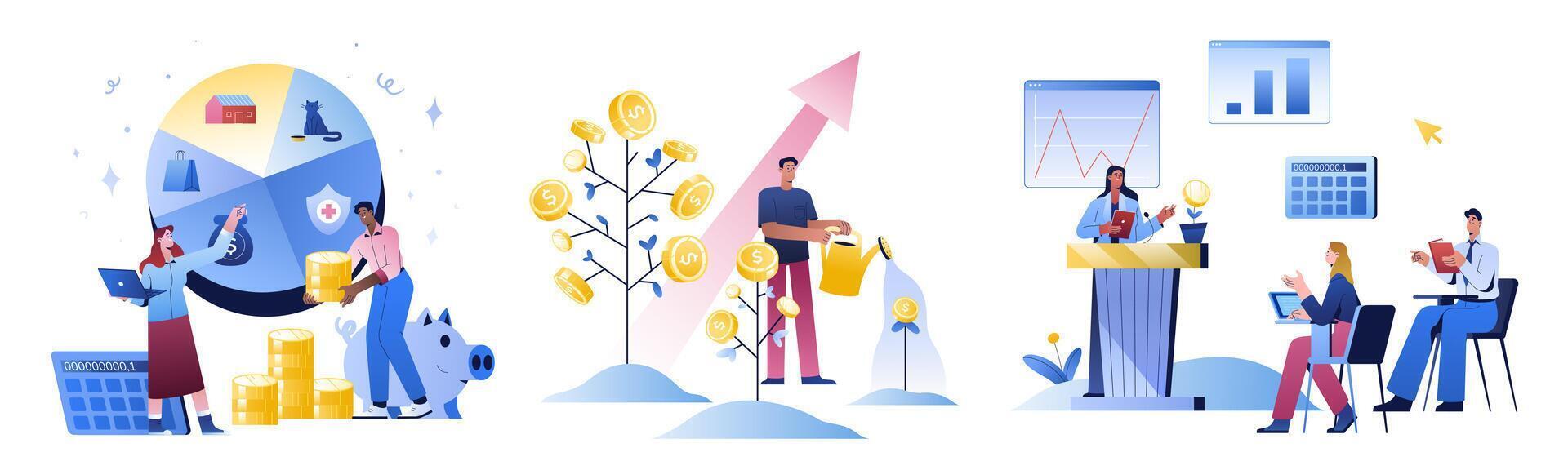 Financial literacy or personal finance education concept. People invest money, increase income and plan family budget. Business investment seminar or personal finance management. Characters save coins vector