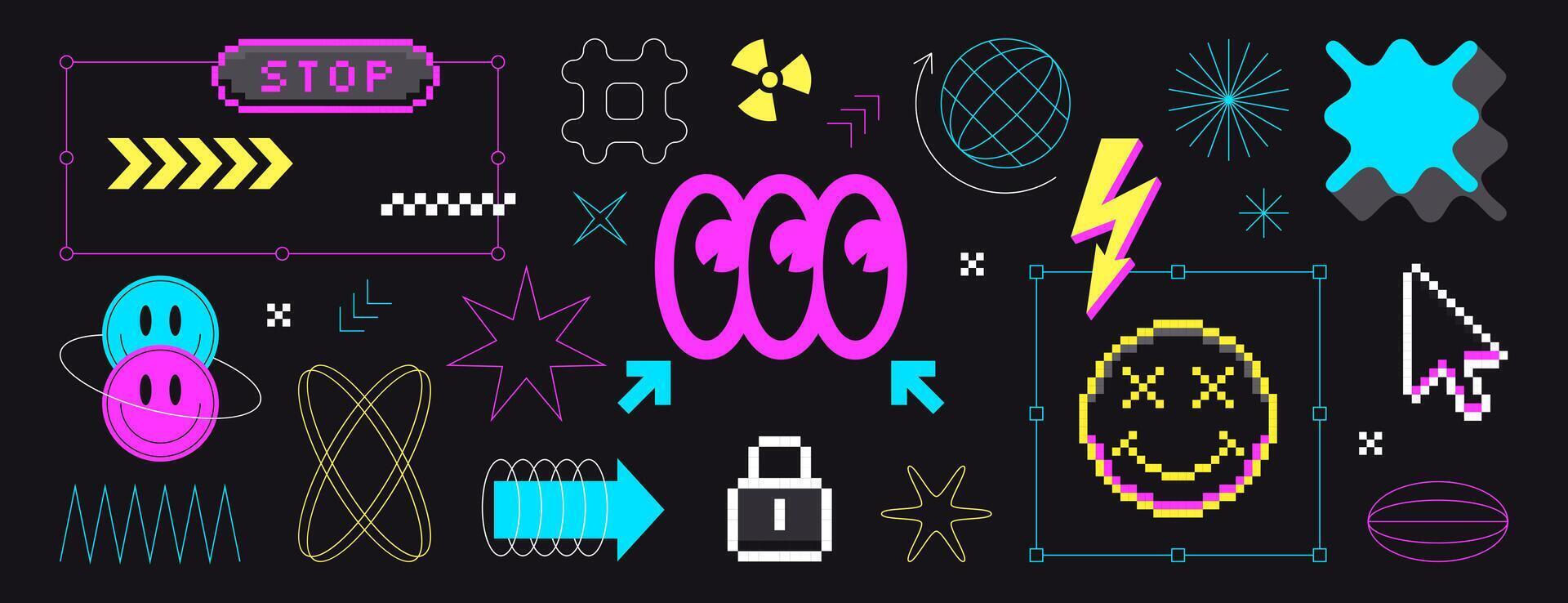 Y2k pixel art stickers in 8bit retro style. Pixelated acid smile