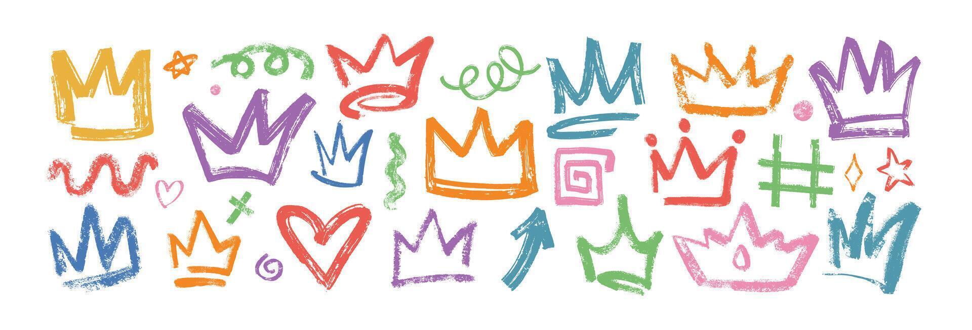 Set of grunge bold king crowns on white background. Color prince diadem. Hand drawn charcoal graffiti doodle princess tiara, royal queen head accessories, stars, arrows, curly lines with brush texture vector