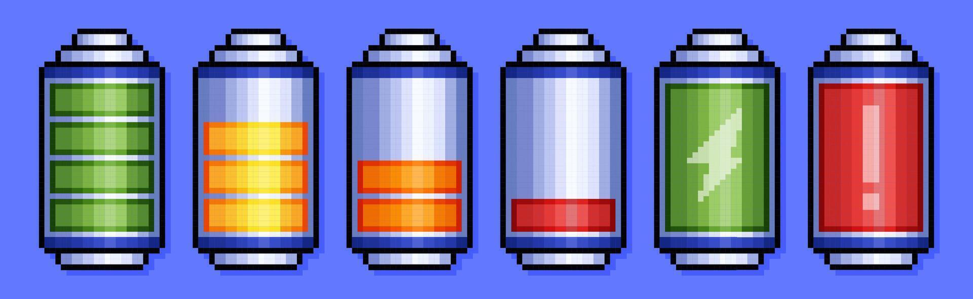 Pixel battery power indicator icons set, charging accumulator sign. Phone energy levels with electricity symbol in 8bit retro style. Pixelated full and low charge status, progress bars on background vector
