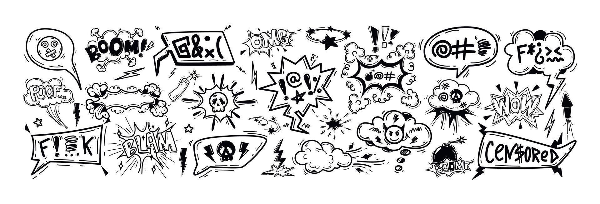 Hand drawn doodle comic speech bubbles with insults, curses, swearwords, offensive language. Angry words in talk frames, dialogue box, chat balloons. Negative expressions, bad emotions with skull icon vector