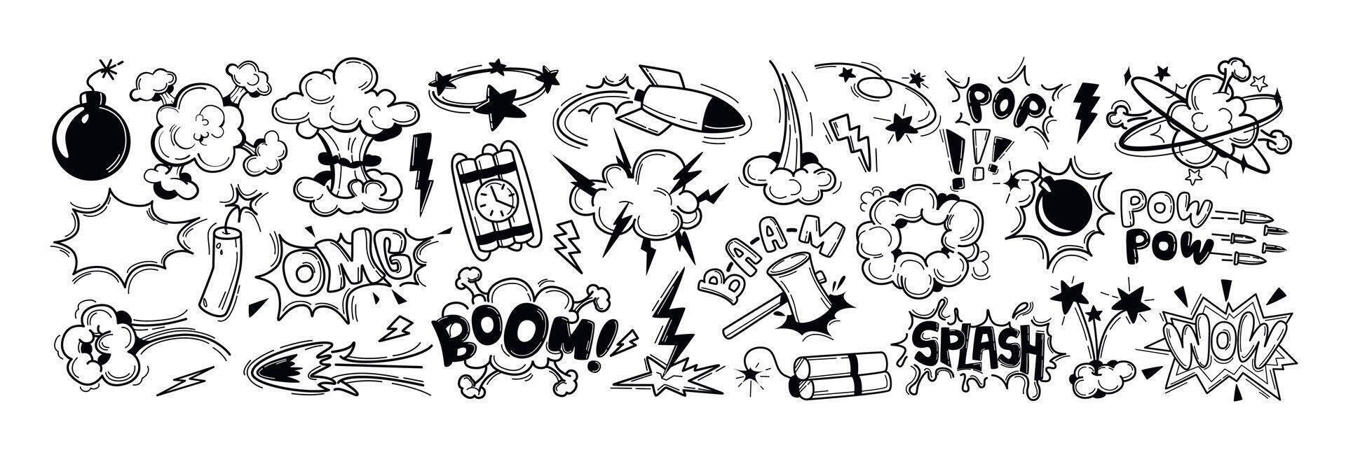Set of black comic book sound blast, cartoon bomb explosions, crash or bang effect. Doodle hand drawn speech bubbles with pow, splash, bam, wow, omg words. Smoke exclamation elements, dynamite explode vector