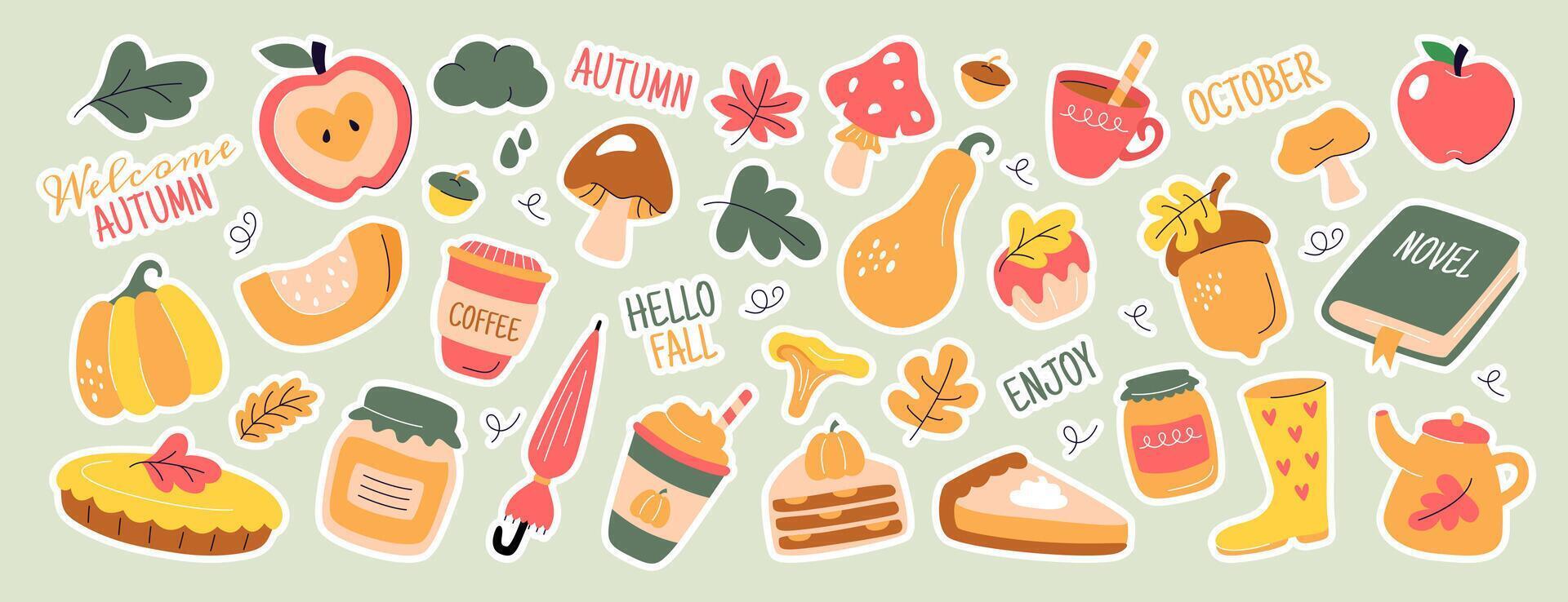 Cute autumn fall daily planner stickers. Season journal diary labels, cozy scrapbook icon set for bullet journals, notebook, diaries or calendar. Notebook decor print pack with pumpkin, leaves, acorns vector