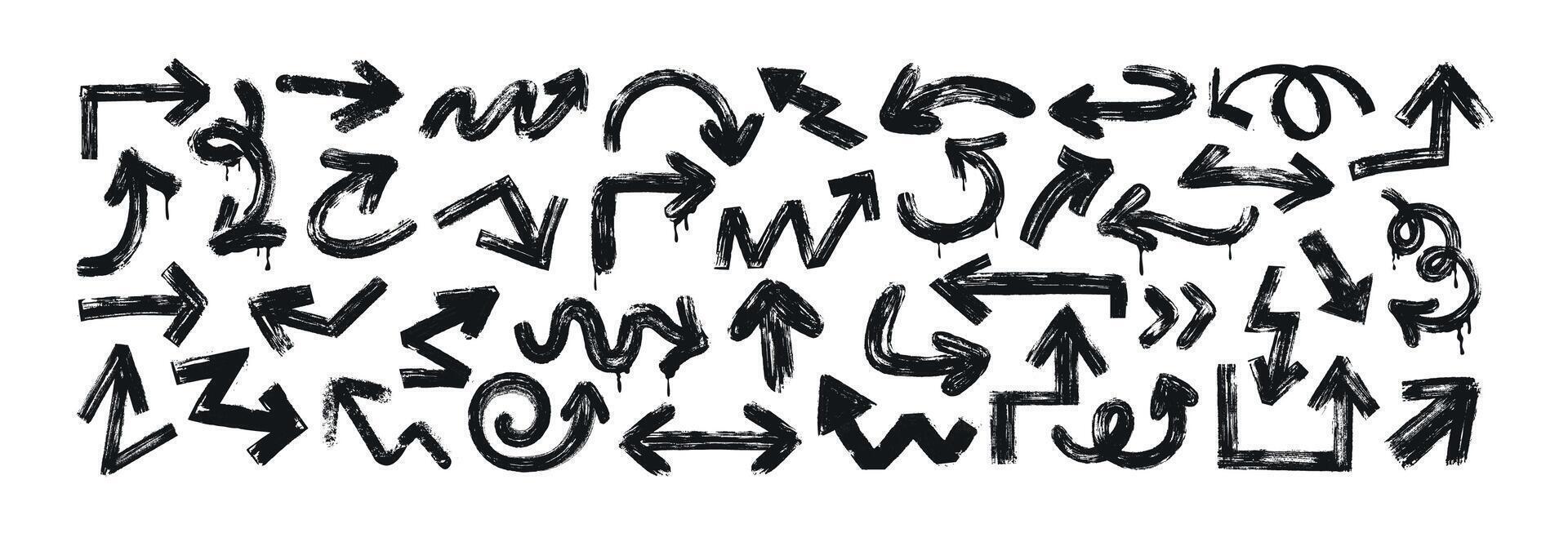 Hand drawn rough arrows different shapes on white background. Black bold brush stroke spiral, curly and straight arrow set. Direction graphic design elements and quote brackets in grunge style. vector
