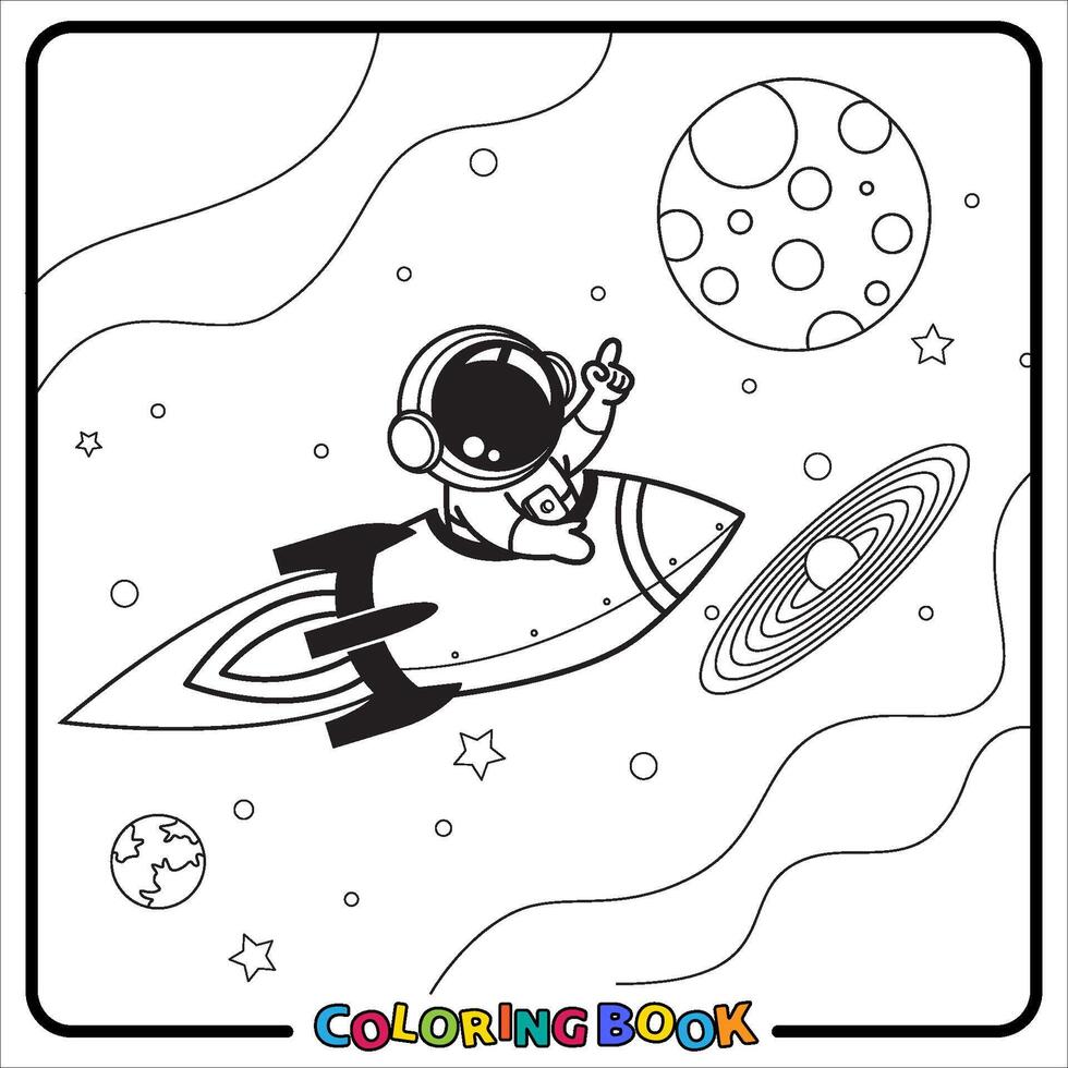 Doodle Astronaut Cartoon, coloring book , Line art, worksheet, kids education vector