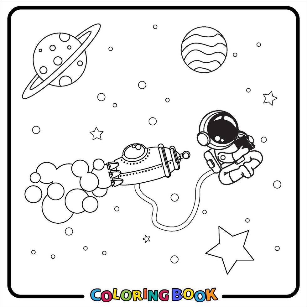 Doodle Astronaut Cartoon, coloring book , Line art, worksheet, kids education vector