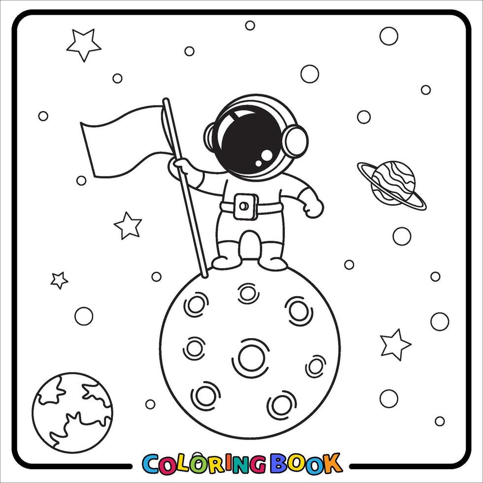 Doodle Astronaut Cartoon, coloring book , Line art, worksheet, kids education vector