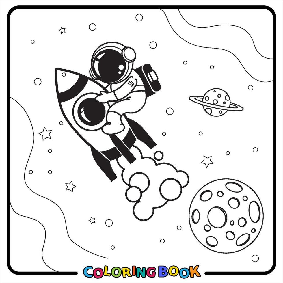 Doodle Astronaut Cartoon, coloring book , Line art, worksheet, kids education vector