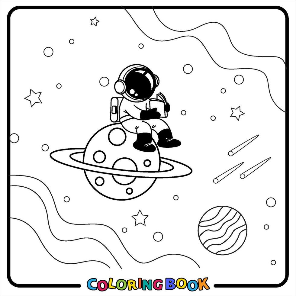 Doodle Astronaut Cartoon, coloring book , Line art, worksheet, kids education vector