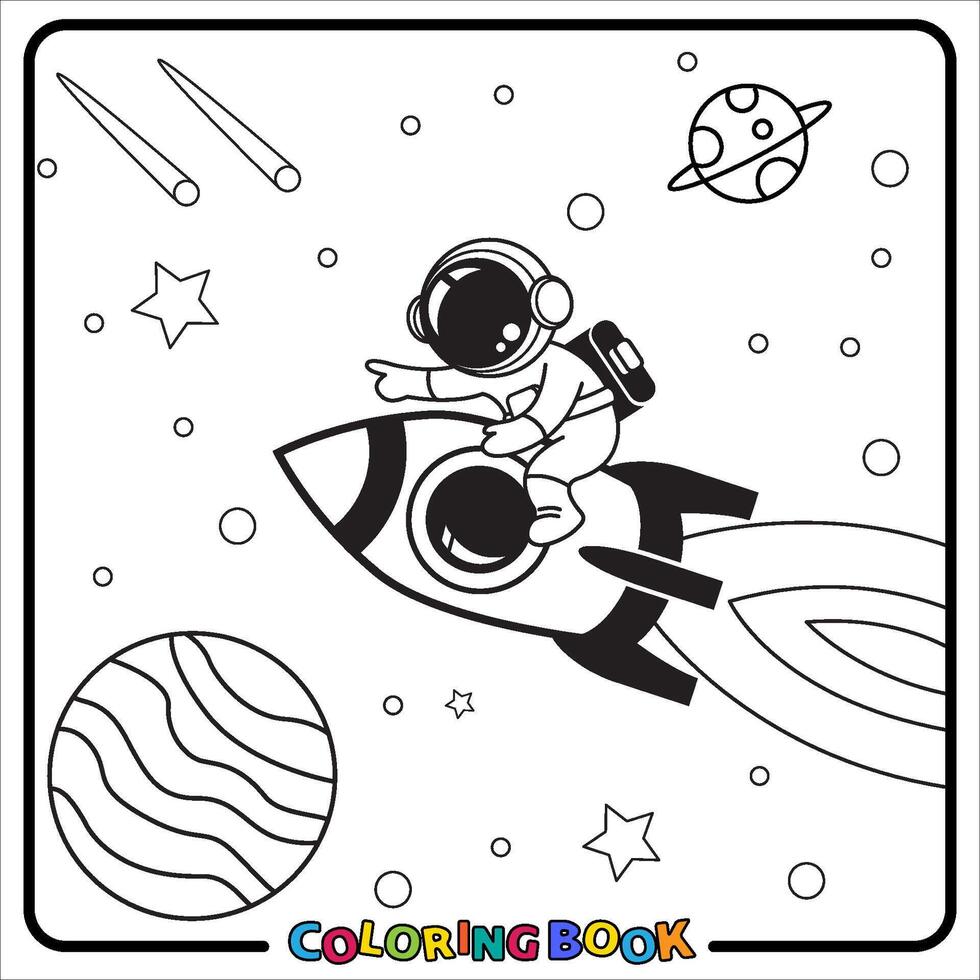 Doodle Astronaut Cartoon, coloring book , Line art, worksheet, kids education vector