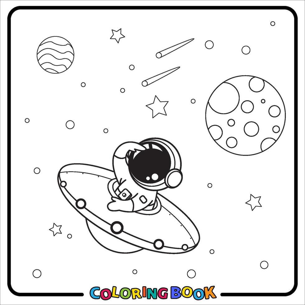 Doodle Astronaut Cartoon, coloring book , Line art, worksheet, kids education vector