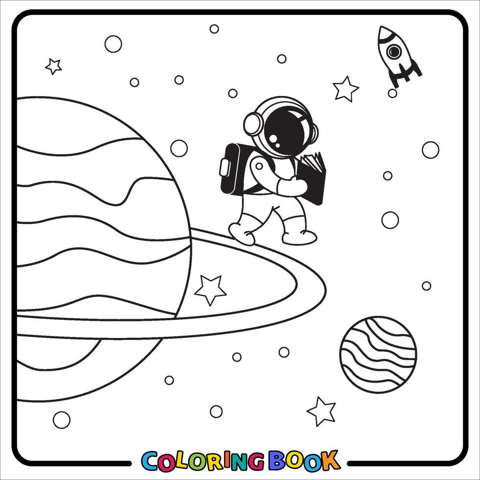 Doodle Astronaut Cartoon, coloring book , Line art, worksheet, kids education vector