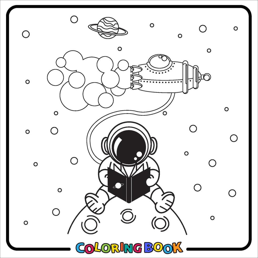 Doodle Astronaut Cartoon, coloring book , Line art, worksheet, kids education vector