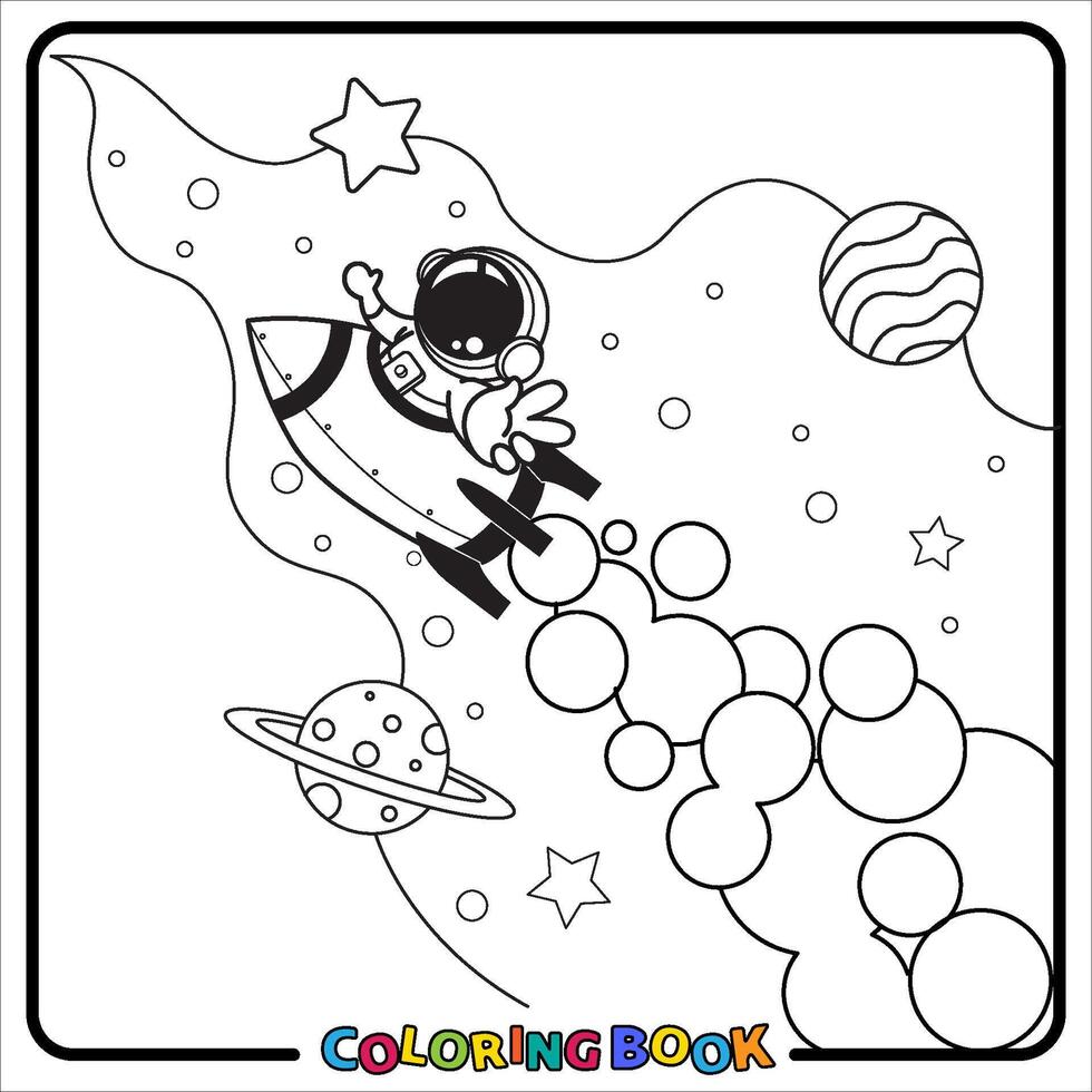 Doodle Astronaut Cartoon, coloring book , Line art, worksheet, kids education vector