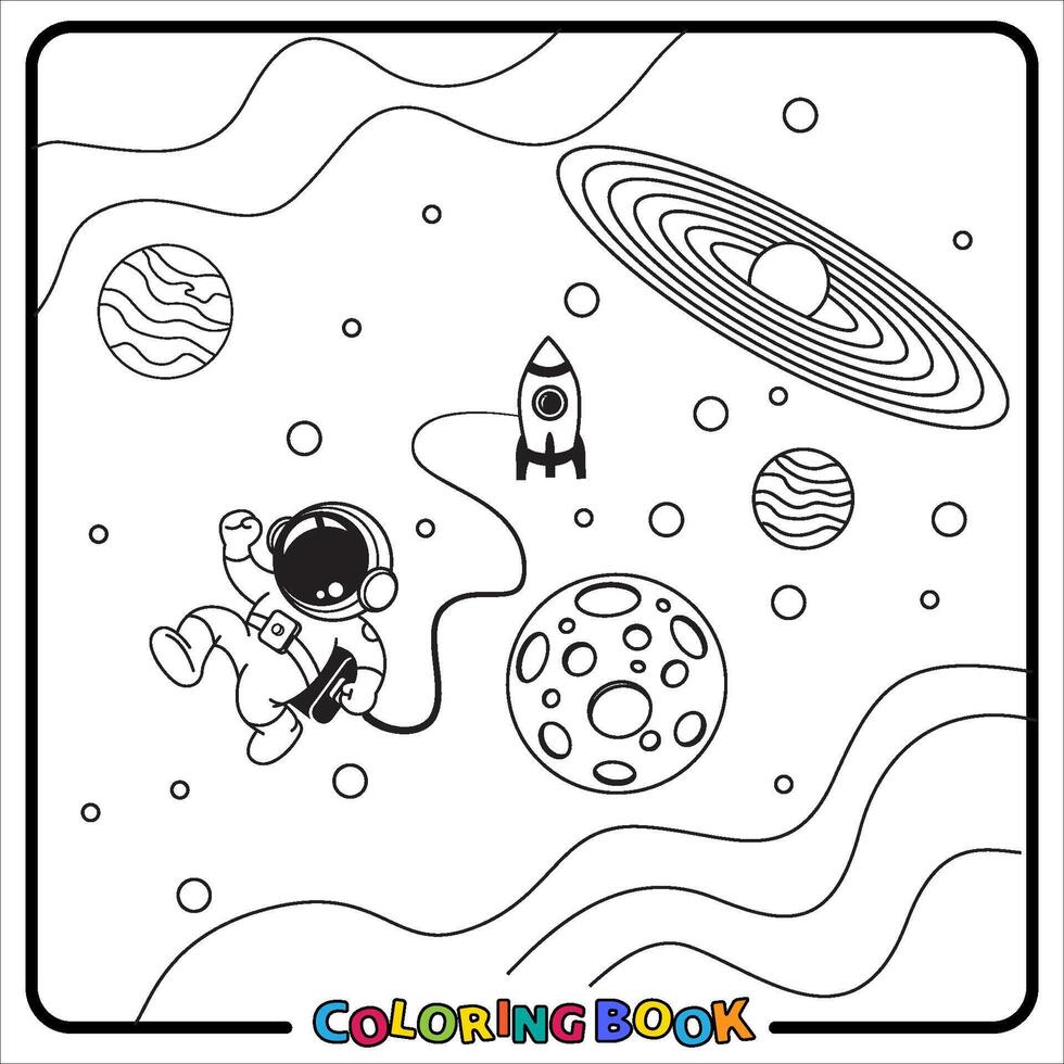 Doodle Astronaut Cartoon, coloring book , Line art, worksheet, kids education vector
