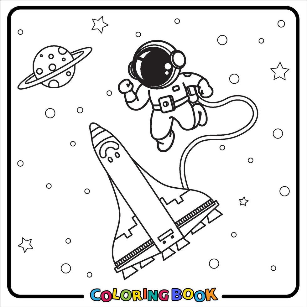 Doodle Astronaut Cartoon, coloring book , Line art, worksheet, kids education vector