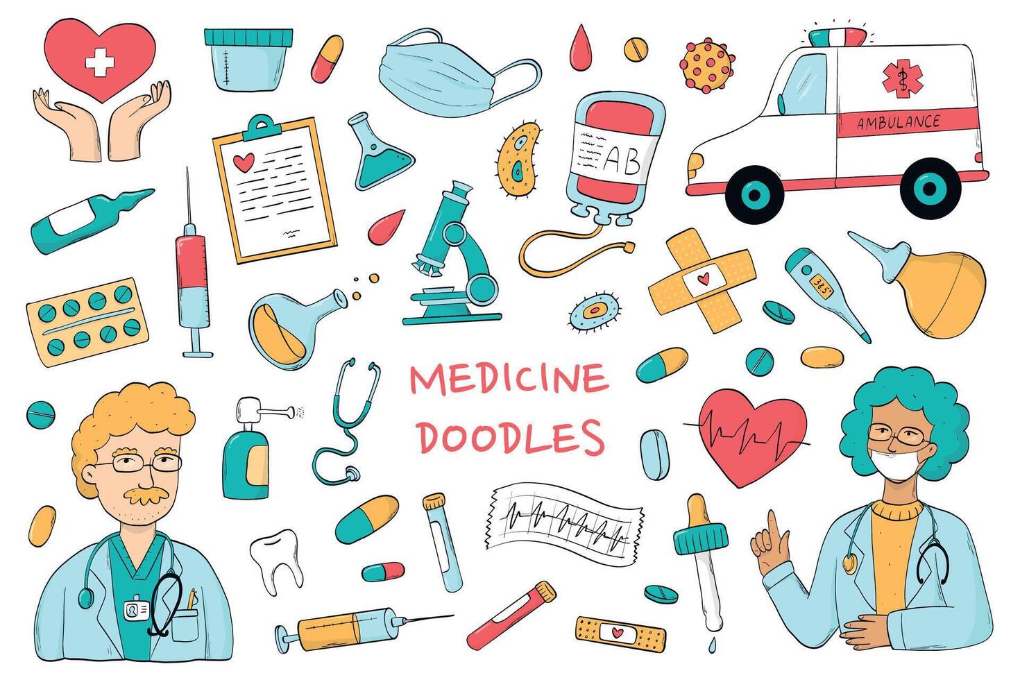 medical doodles collection islated on white background for stickers, prints, cards, banners, social media, posters, etc. EPS 10 vector