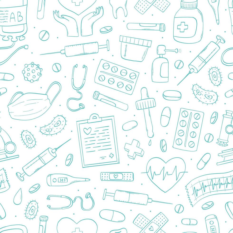 medical seamless pattern with doodles on white background. healthcare theme, world health day background, wallpaper, wrapping paper, coloring page, textile print, etc. EPS 10 vector