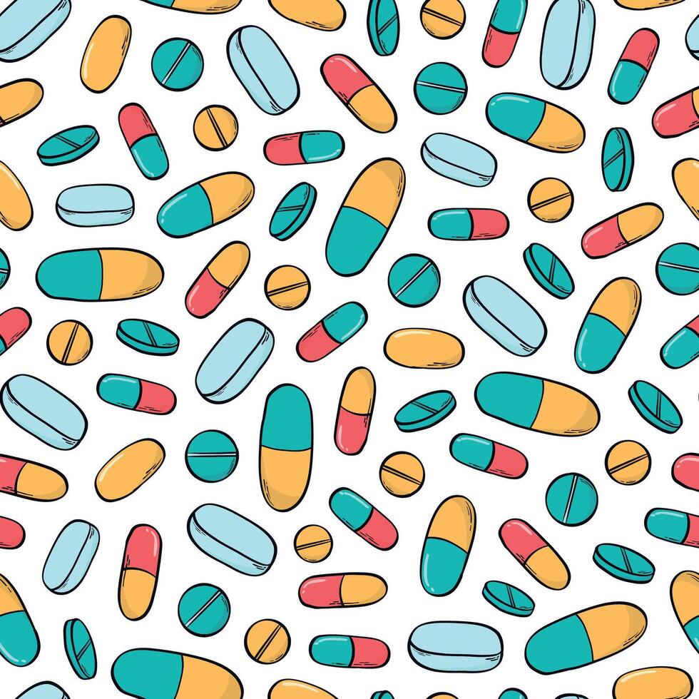 Pills, painkillers, vitamins doodles, cartoon elements seamelss pattern for textile prints, wallpaper, wrapping paper, backgrounds, banners, packaging, etc. EPS 10 vector