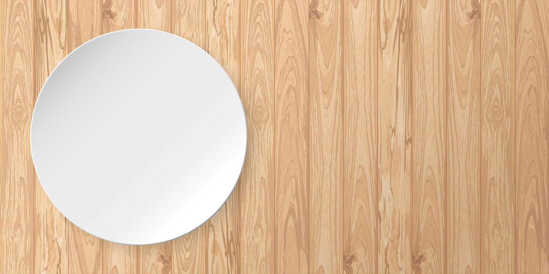 3D circle sheet white color paper cut style with cut timber panels graphic rectangle background illustrated have blank space. Wooden whitewashed texture pattern with white circle frame template. vector