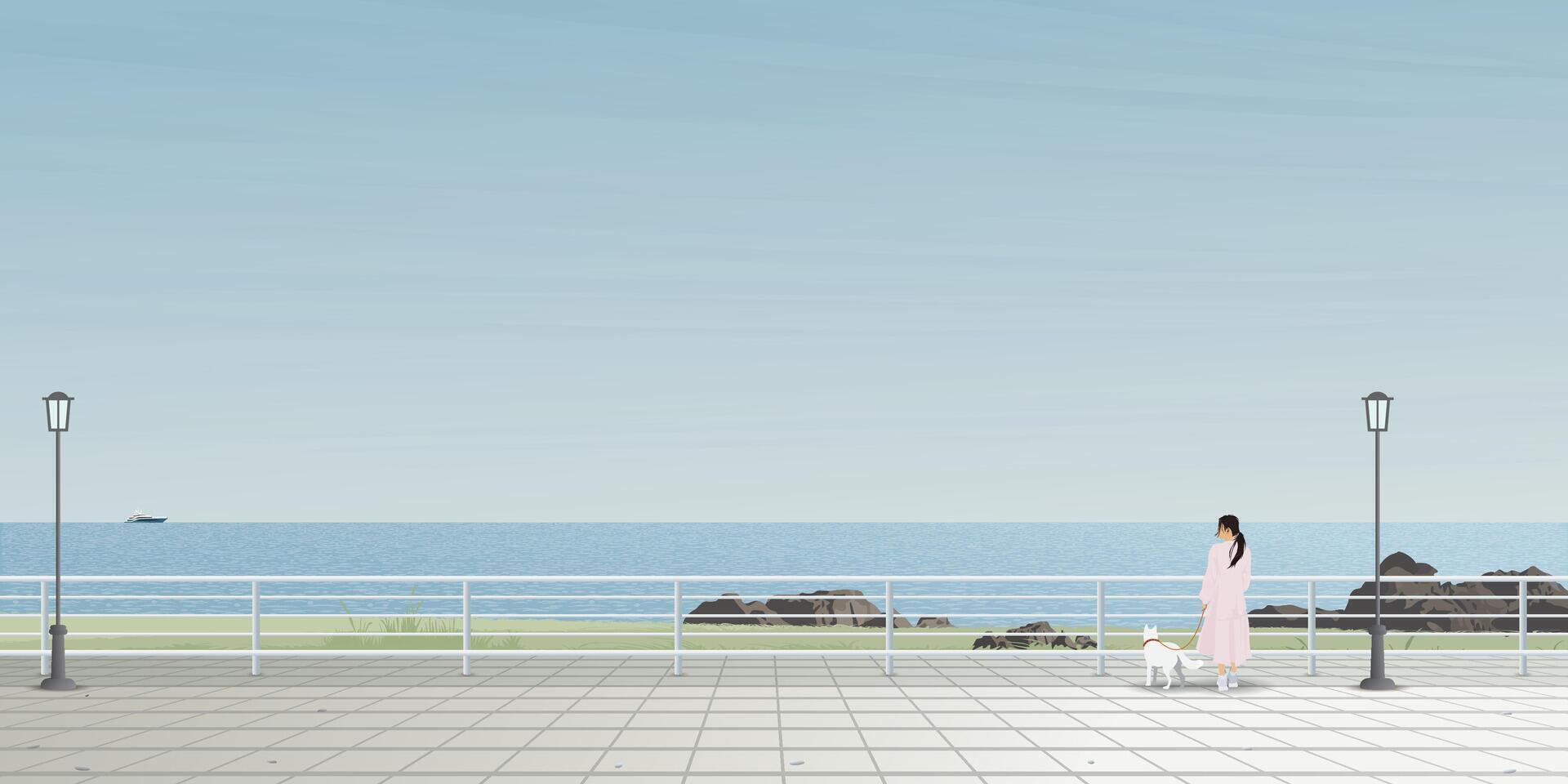 Seascape viewpoint at the cliff in winter has a woman and a dog standing graphic illustration. Travel with pet concept have blank space. vector