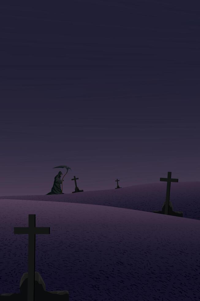 Night at graveyard landscape with Angel of Death vertical background graphic illustration have blank space. vector