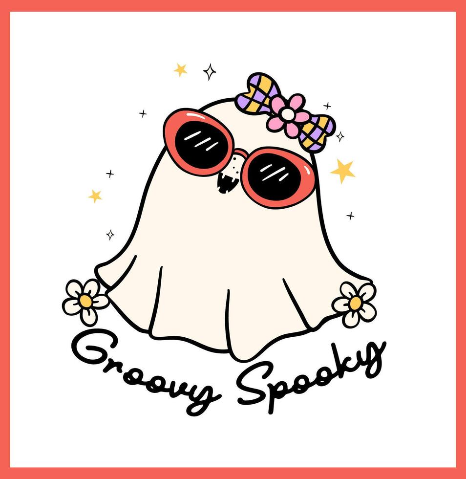 Groovy Retro Halloween Ghost with Sunglasses Lined Doodle Greeting Card Idea vector