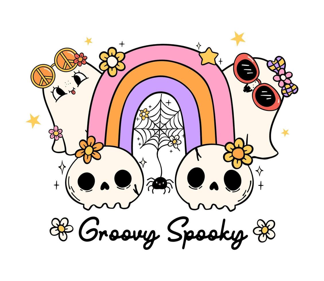 Groovy Retro Halloween Ghost with rainbow skull Lined Doodle Greeting Card Idea vector