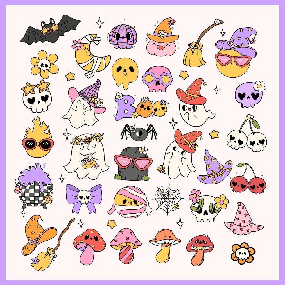 Groovy Retro Halloween Doodle Cartoon Element Clipart Set for Spooky Fun vector