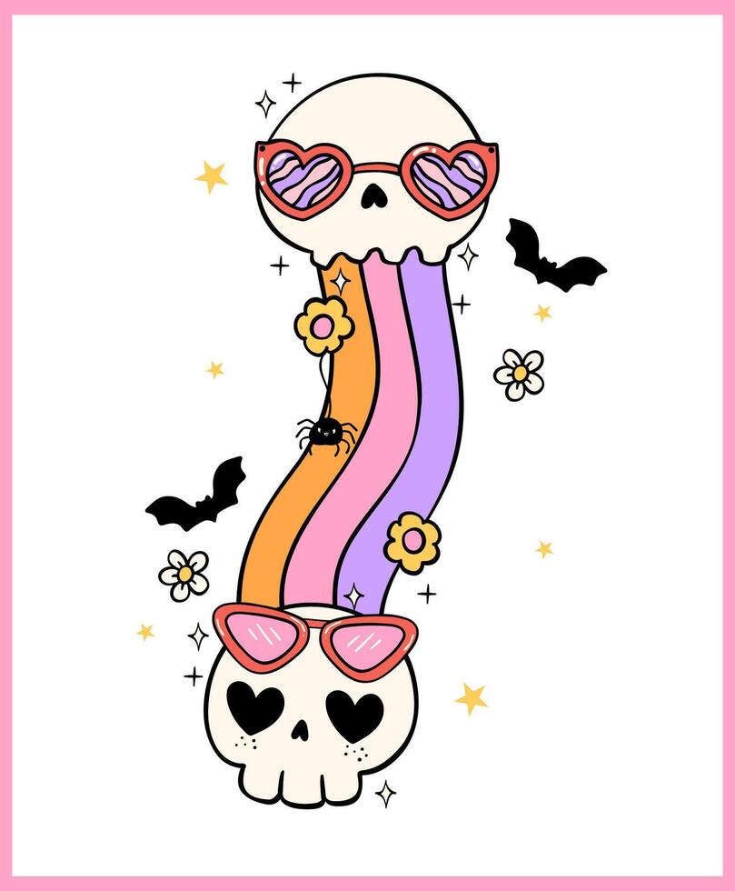 Groovy Retro Halloween rainbow skull Lined Doodle t shirt sublimation printable Idea vector