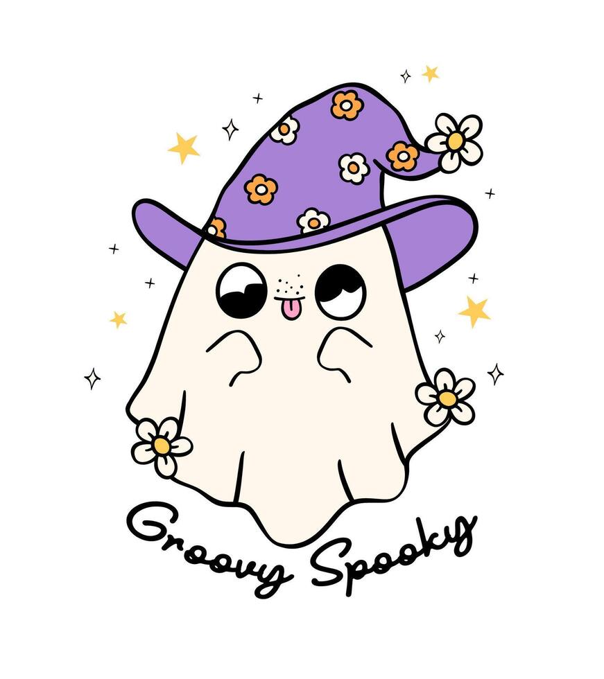 Groovy Retro Halloween Ghost with witch hat Lined Doodle Greeting Card Idea vector