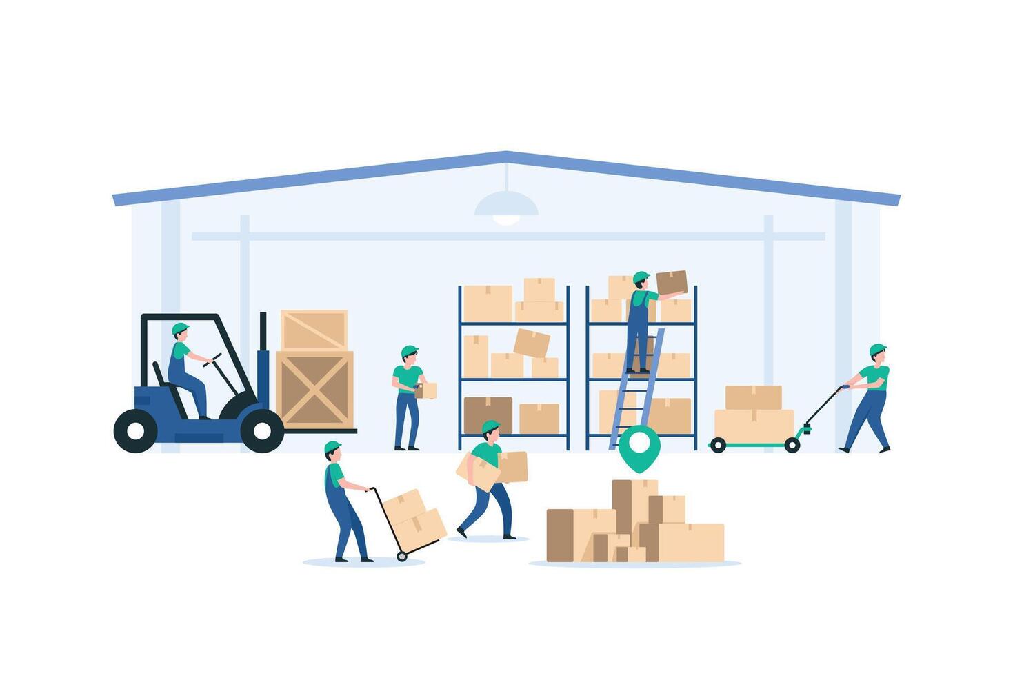 Workers Collaborating in Warehouse Environment. Illustration vector