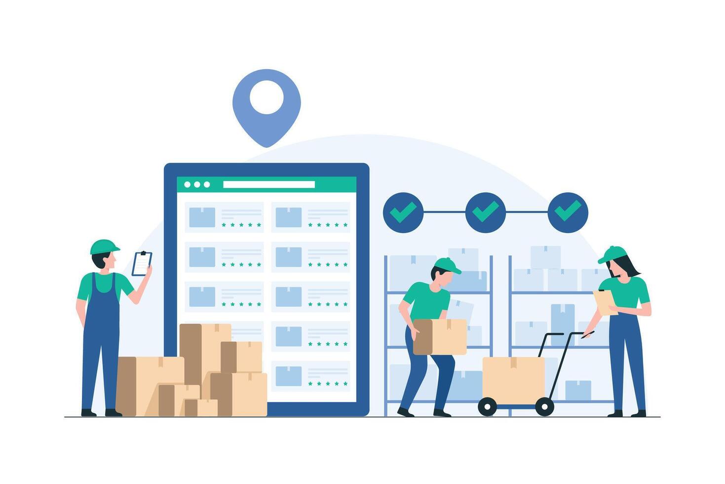 Workers Collaborating in Warehouse Environment. Inventory Specialist Using Tablet for Stock Check. Illustration vector
