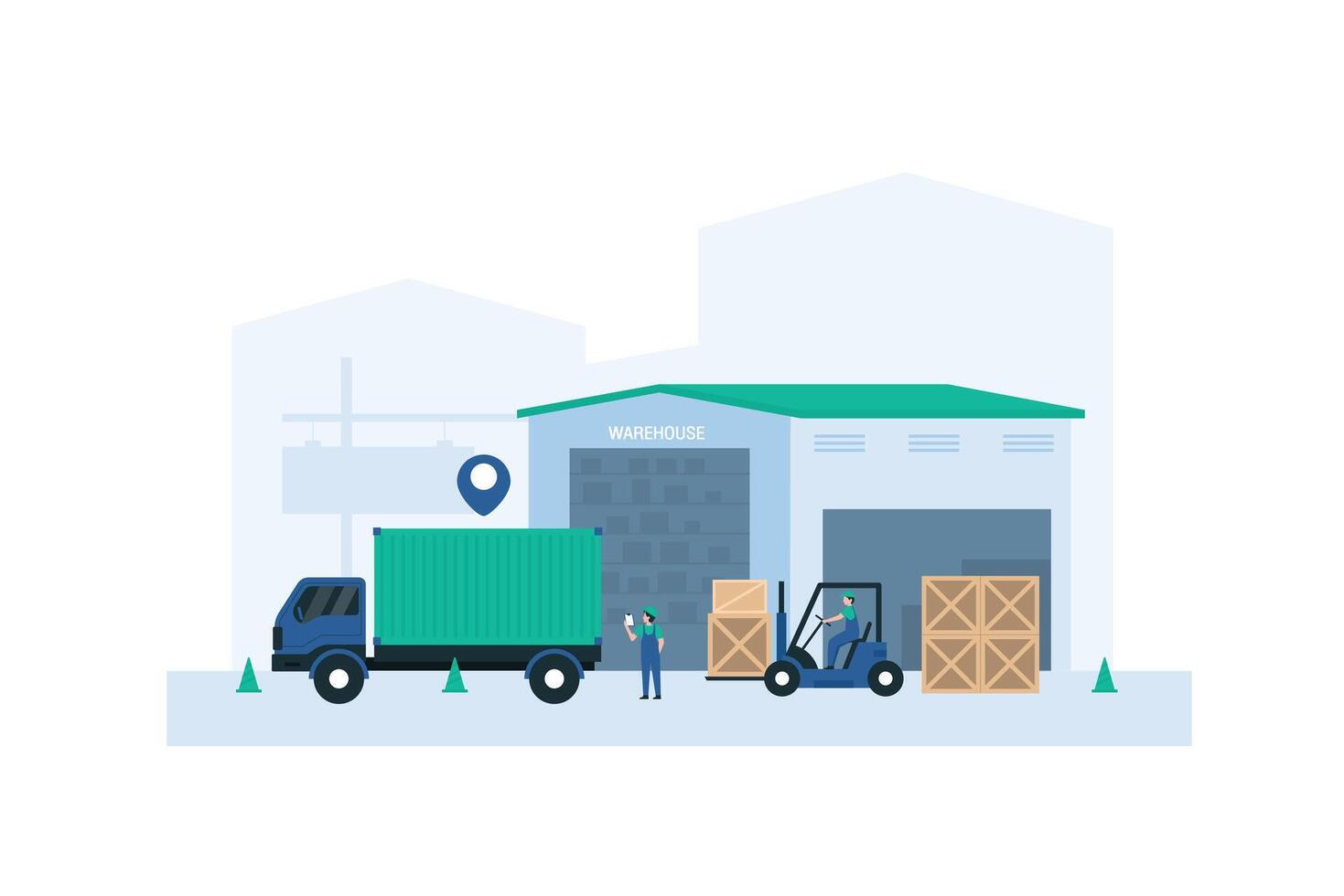 Warehouse Crew Unloading Goods from Trucks. Illustration vector