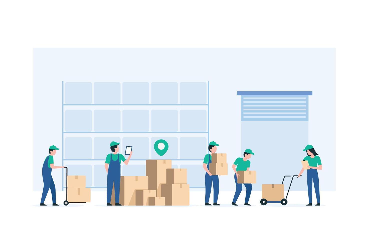 Workers in High Volume Warehouse Environment, Efficient Warehouse Operations, Industrial Logistics, High-Demand Fulfillment Center, Warehouse Labor, Inventory Management. illustration vector