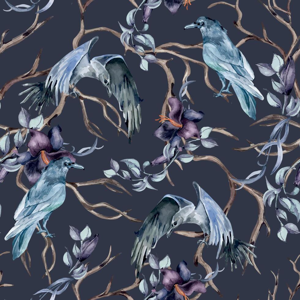 Mystical seamless pattern with watercolor crow isolated on blue. Autumn winter woodland with black bird. Dark forest with dry branches and botanical flowers hand drawn. For package, textile, paper. vector