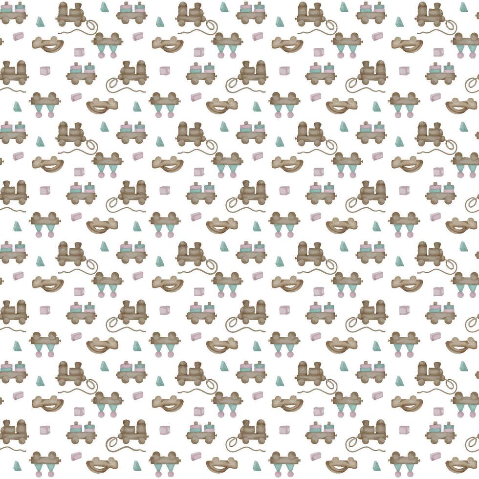 Toddler wooden toys seamless pattern isolated on white. Baby stacking train toy with geometric blocks in watercolor hand drawn . Car for little children in pastel shades. Design for textile, fabric. vector