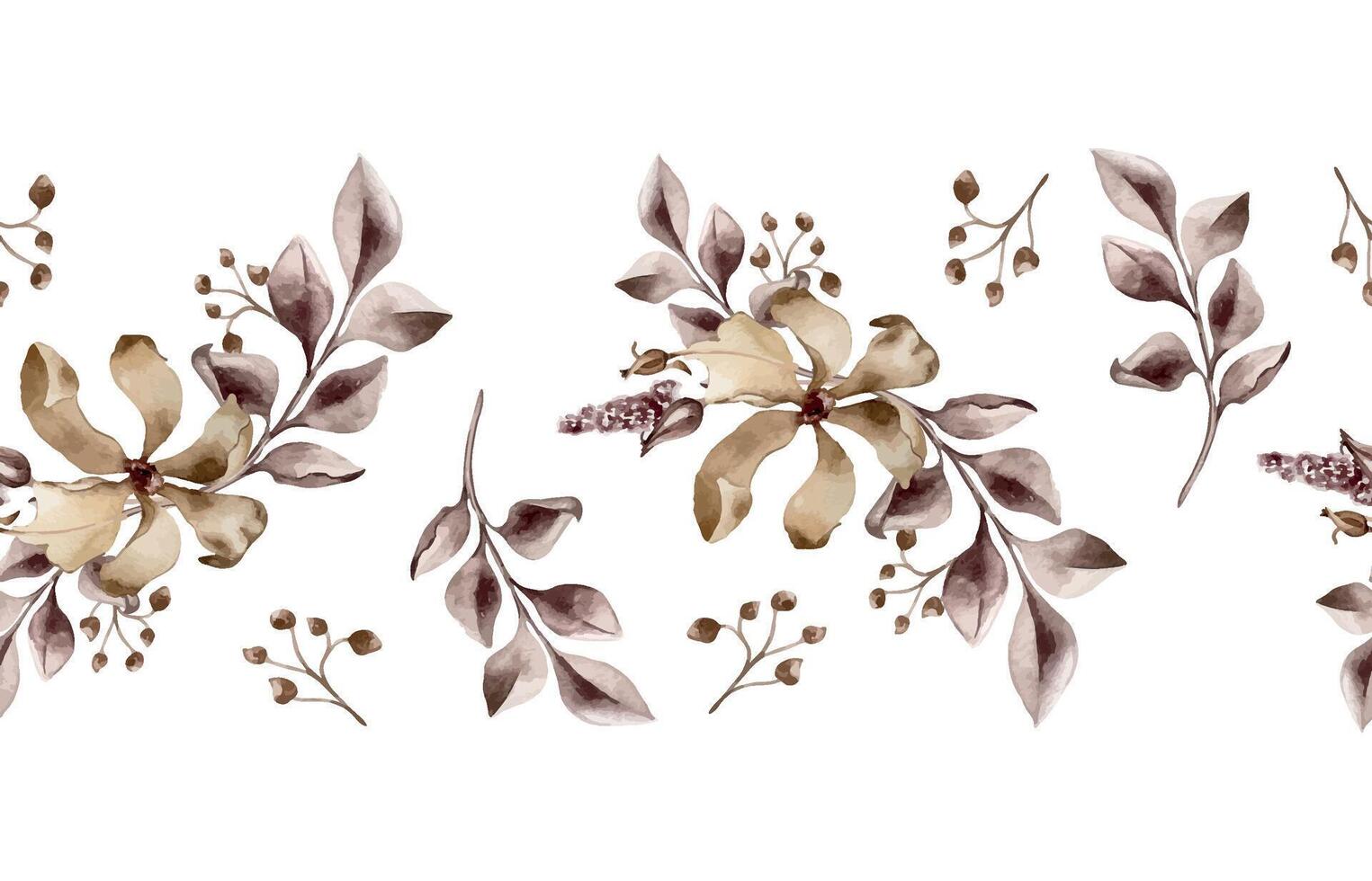 Monochrome flower and branch in maroon watercolor. Abstract plants in dark brown color seamless border isolated. Monotone sepia leaves hand drawn. Design of textile, package. vector